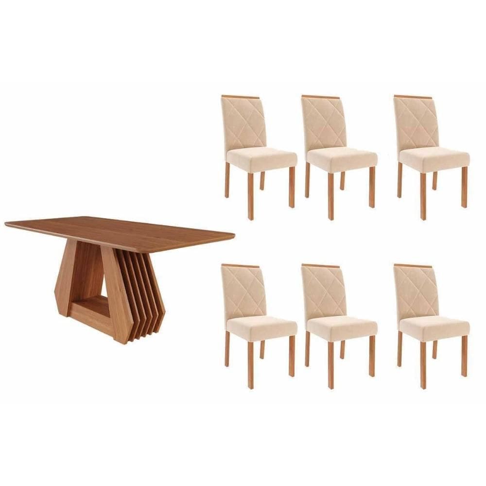 Sala de Jantar Completa Ágata Tampo Madeirado 180x90cm e 6 Cadeiras Fernanda Cinamomo - Carvalho/Suede Nude Bege - Cimol