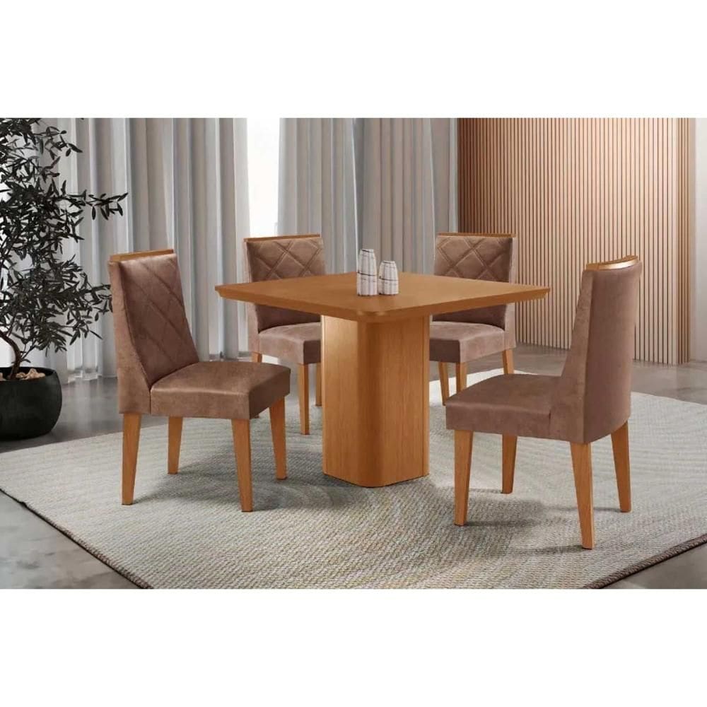 Sala de Jantar Completa Maldivas c/ Tampo Madeirado Canto Curvo 90x90cm e 4 Cadeiras Pietá Naturale - Corano Capuccino - Rufato