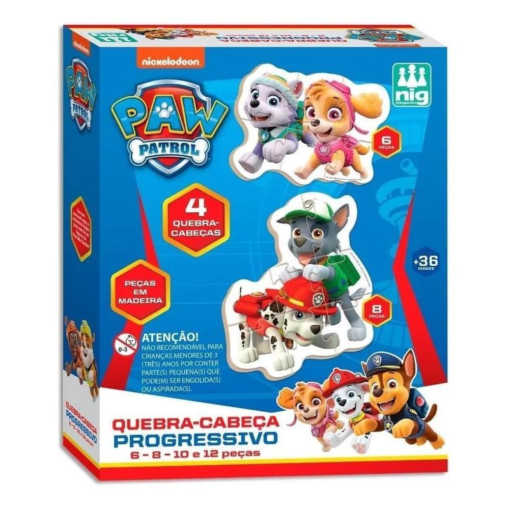 4Quebra Cabeça Patrulha Canina Progressivo 6-8-10-12 Madeira