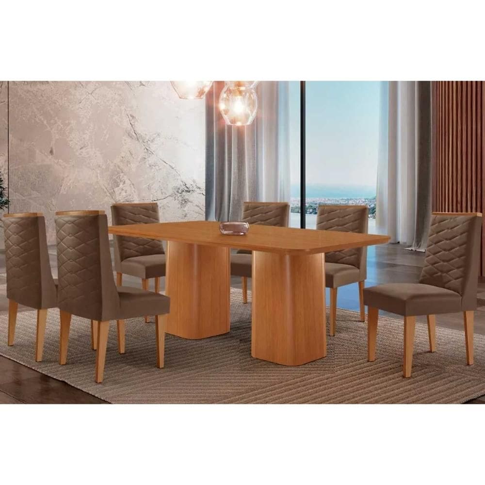 Sala de Jantar Completa Maldivas c/ Tampo Madeirado Canto Curvo 180x90cm e 6 Cadeiras Dafne Naturale - Suede Marrom - Rufato