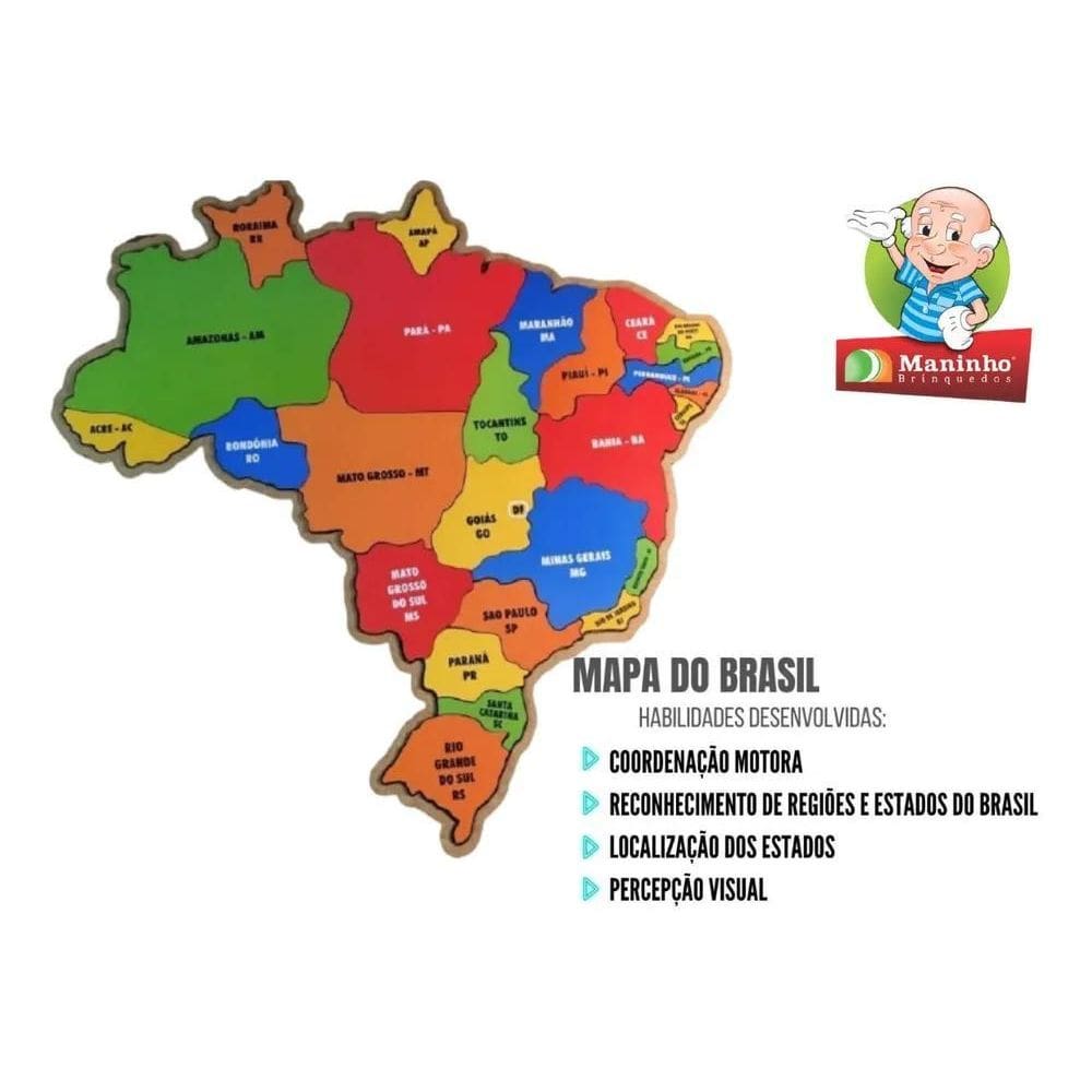 Maninho Quebra-Cabeça Grande Pedagógico Em Madeira Mapa Bras