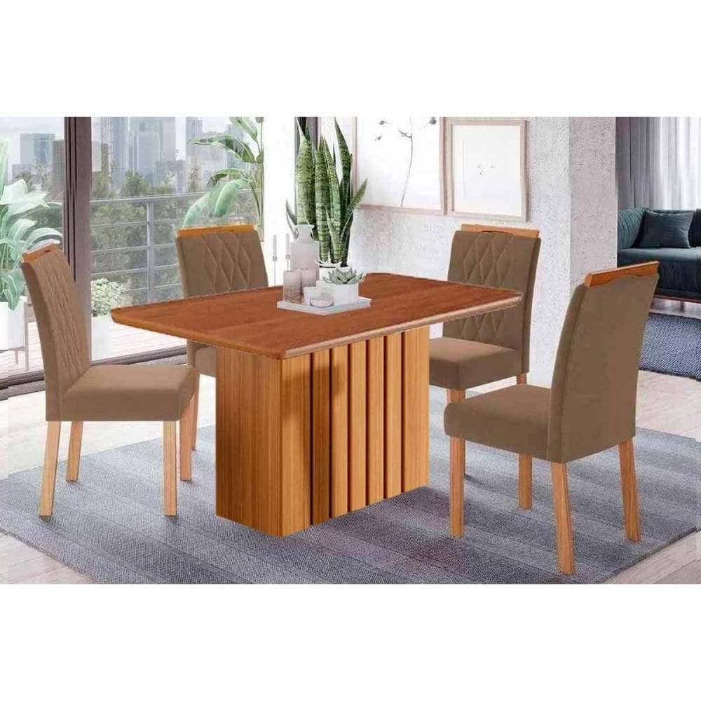 Sala de Jantar Completa Ana Tampo Madeirado 130x80cm e 4 Cadeiras Juliana Cinamomo - Carvalho/Suede Joli Capuccino - Cimol
