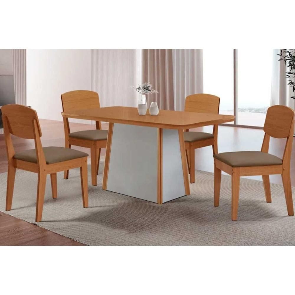Sala de Jantar Completa Tilia c/ Tampo Madeirado Canto Curvo 120x80cm e 4 Cadeiras Havana Naturale/Off White - Suede Capuccino - Rufato