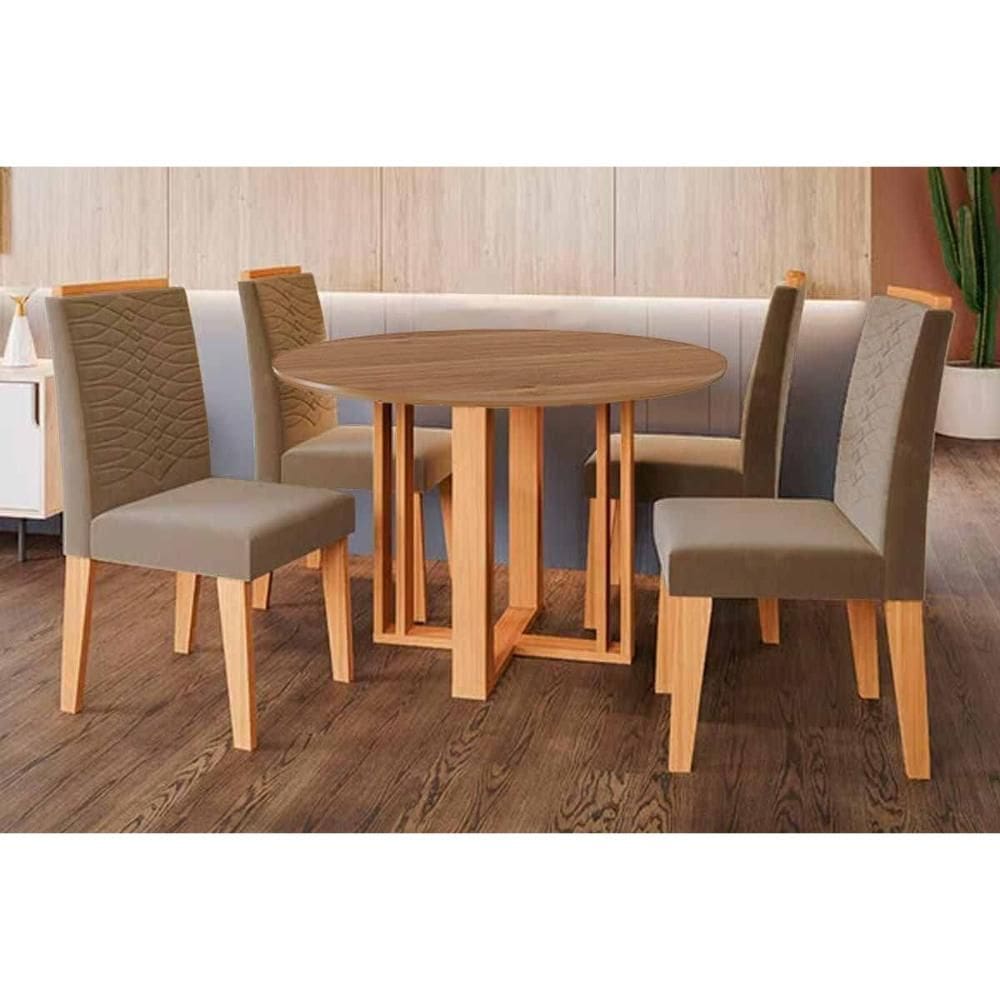 Sala de Jantar Completa Flora Tampo Madeirado 109cm e 4 Cadeiras Clarice Cinamomo - Carvalho/Suede Joli Capuccino - Cimol