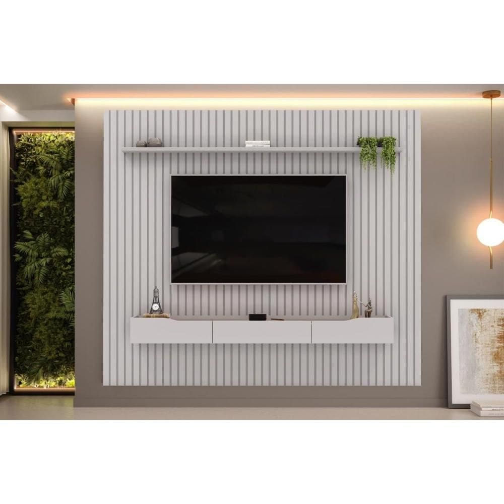 Rack Bancada c/ Painel p/ TV até 85 Pol Pratic Ripado 3 Gavetas 275x240cm Bali - DJ Móveis
