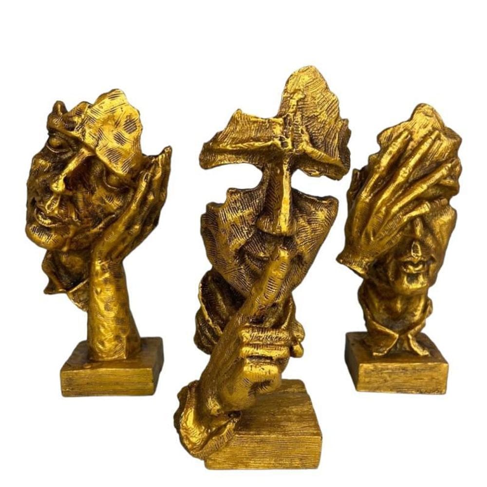 Esculturas Trios Sábios Cego Surdo Mudo 16Cm Dourado Resina