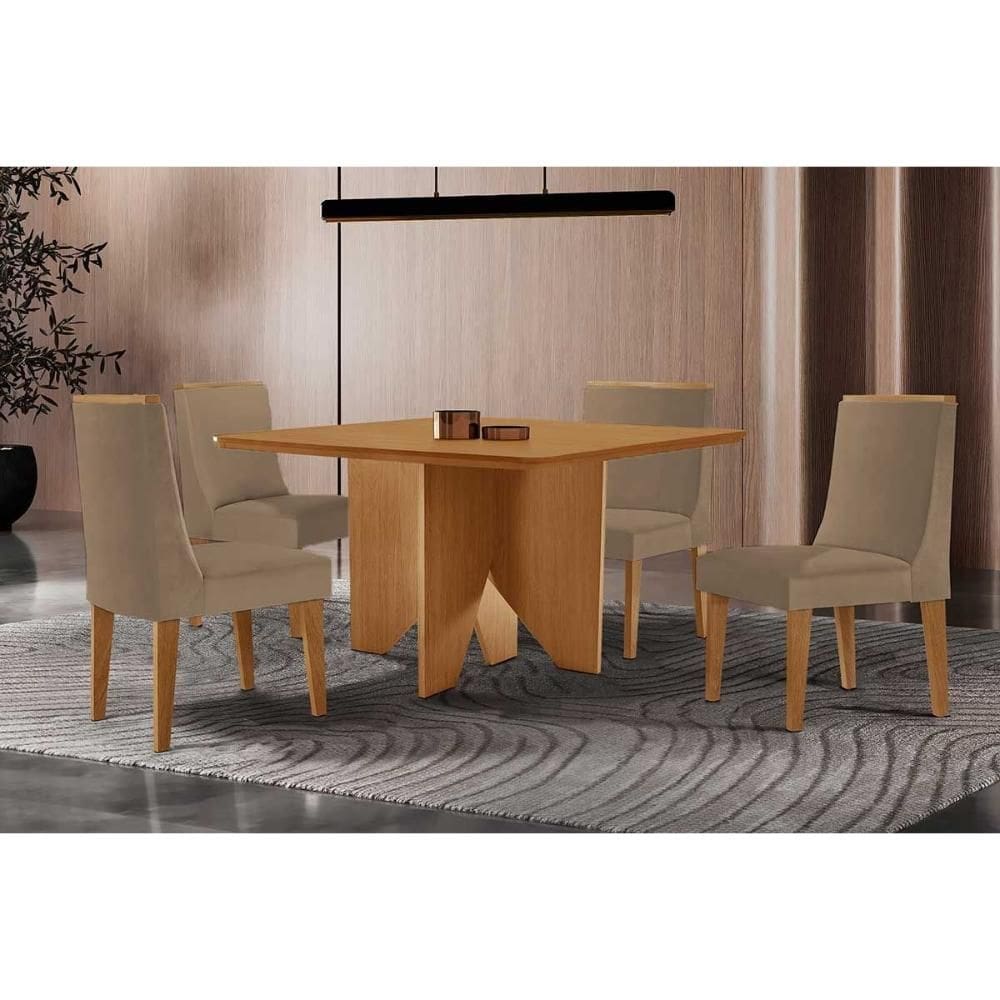 Sala de Jantar Completa Nevada c/ Tampo Madeirado Canto Curvo 90x90cm e 4 Cadeiras Dakota Naturale - Linho Bege - Rufato