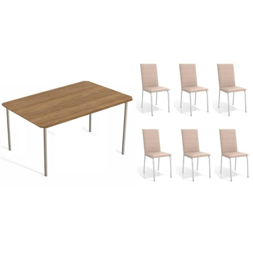 Sala de Jantar Completa Sena c/ Tampo de Madeira 1.60cm + 6 Cadeiras Amsterdã Niquel/Corano Bege - Kappesberg