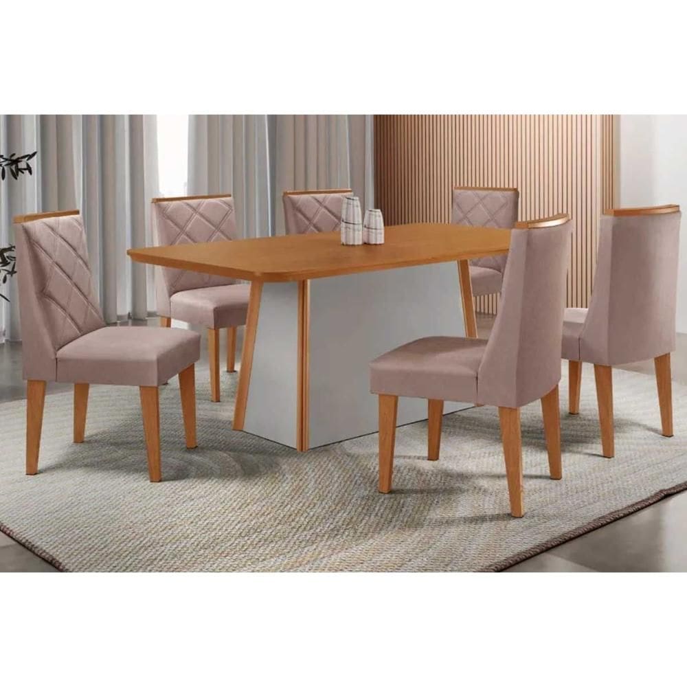 Sala de Jantar Completa Tilia c/ Tampo Madeirado Canto Curvo 180x90cm e 6 Cadeiras Pietá Naturale/Off White - Linho Capuccino - Rufato