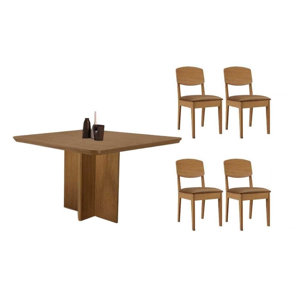 Sala de Jantar Completa Berlim c/ Tampo Madeirado Canto Curvo 90x90cm e 4 Cadeiras Havana Naturale - Suede Capuccino - Rufato