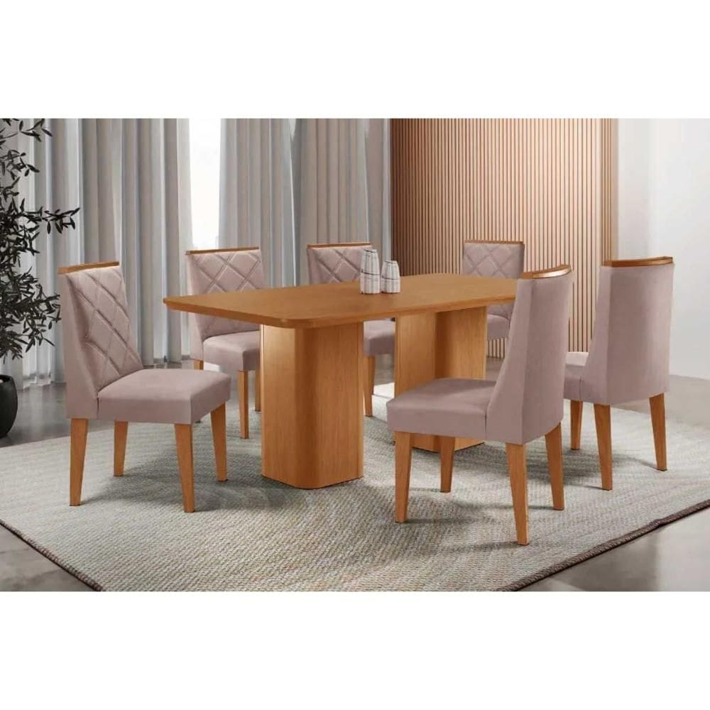 Sala de Jantar Completa Maldivas c/ Tampo Madeirado Canto Curvo 180x90cm e 6 Cadeiras Pietá Naturale - Linho Capuccino - Rufato