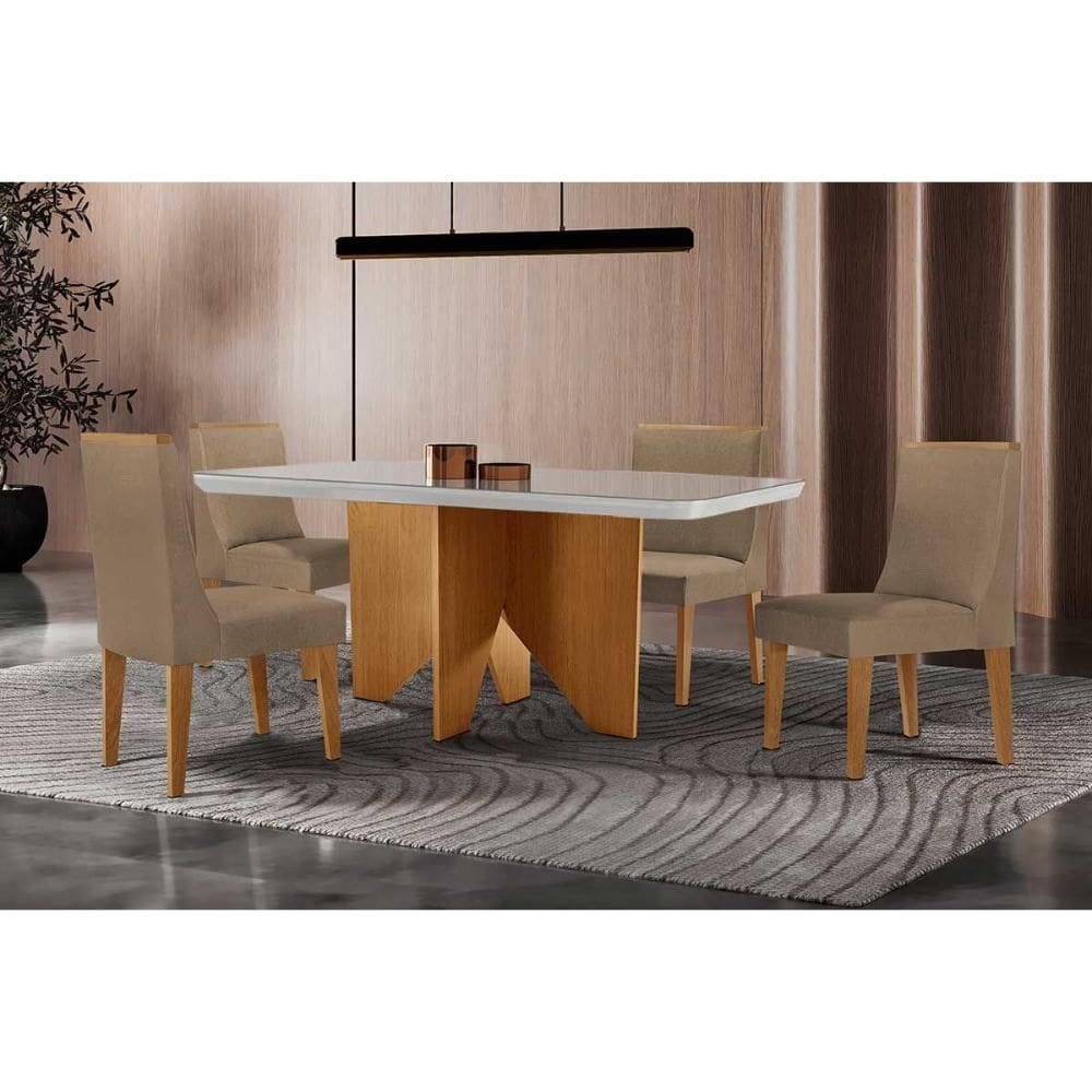 Sala de Jantar Completa Nevada c/ Tampo Madeirado c/ Vidro Canto Curvo 120x80cm e 4 Cadeiras Dakota Naturale/Off White - Suede Capuccino - Rufato