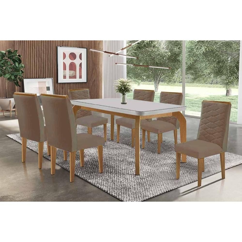 Sala de Jantar Completa Londrina c/ Tampo Madeirado c/ Vidro Canto Curvo 180x90cm e 6 Cadeiras Maldivas Naturale/Off White - Corano Capuccino - Rufato