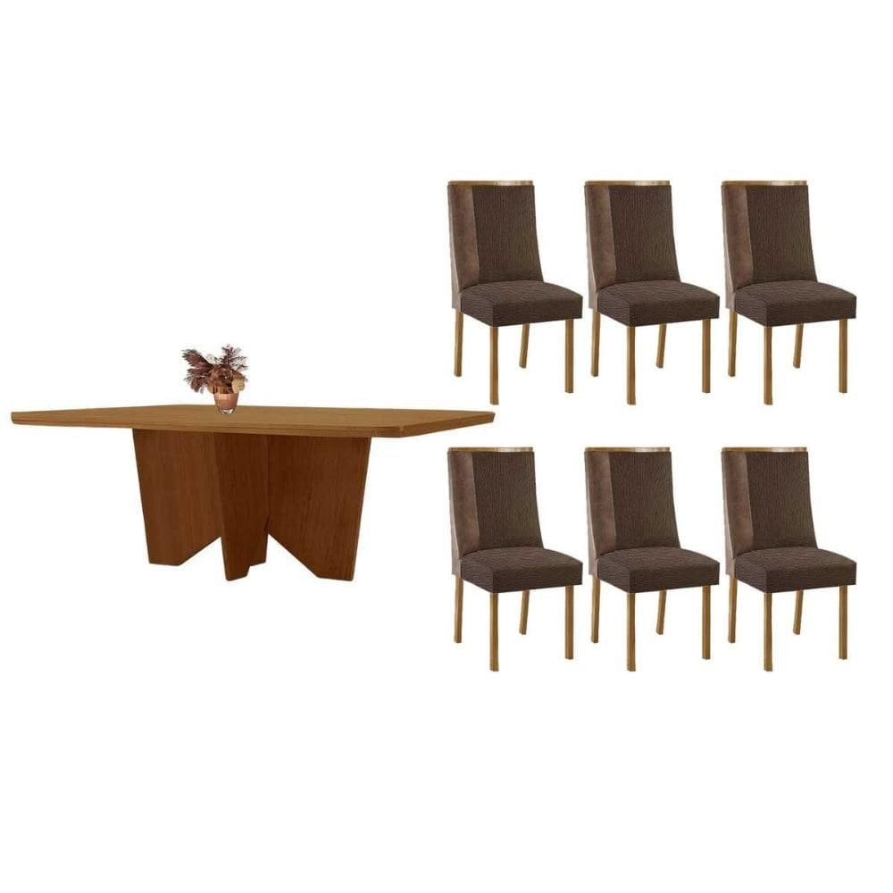 Sala de Jantar Completa Nevada c/ Tampo Madeirado Canto Curvo 180x90cm e 6 Cadeiras Tilia Naturale - Suede Marrom - Rufato