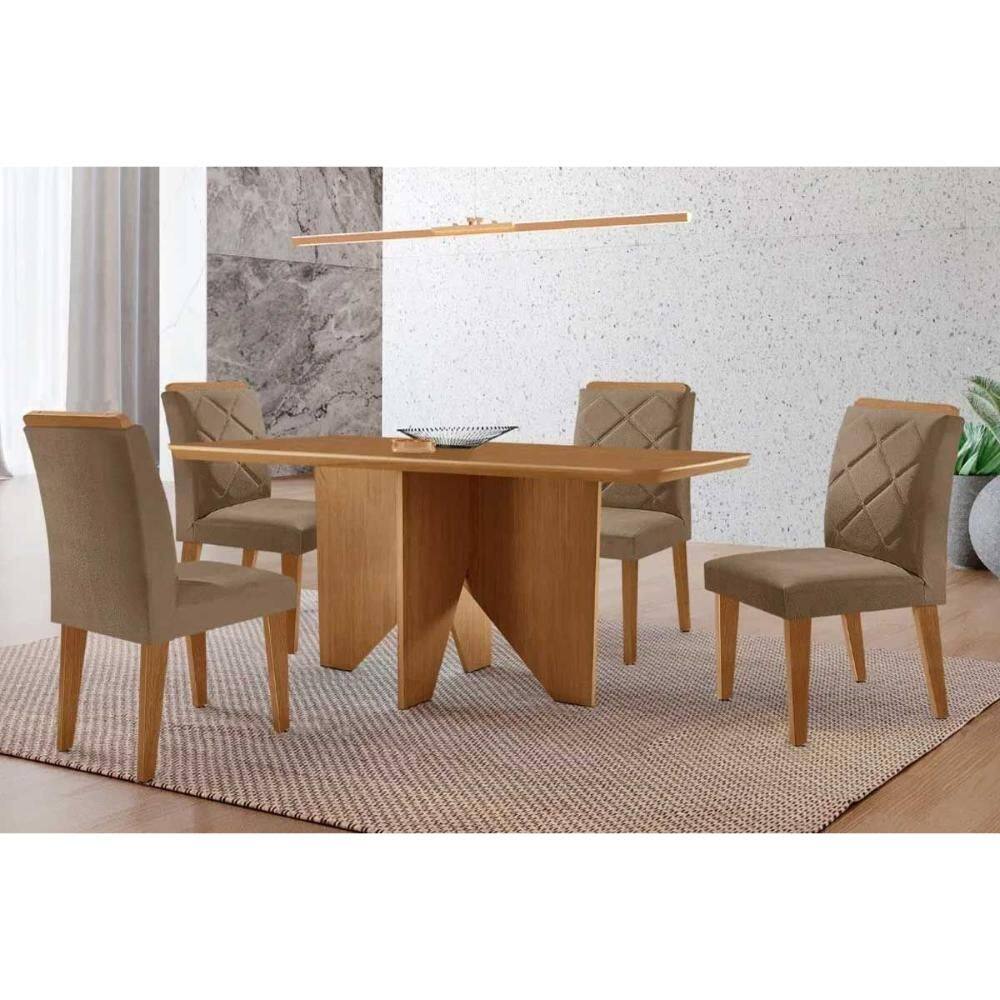 Sala de Jantar Completa Nevada c/ Tampo Madeirado Canto Curvo 120x80cm e 4 Cadeiras Pietá Naturale - Suede Capuccino - Rufato