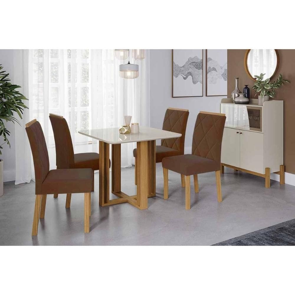 Sala de Jantar Completa Flora Tampo Madeirado c/ Vidro 95x95cm e 4 Cadeiras Fernanda Cinamomo/Off White - Carvalho/Suede Joli Capuccino - Cimol