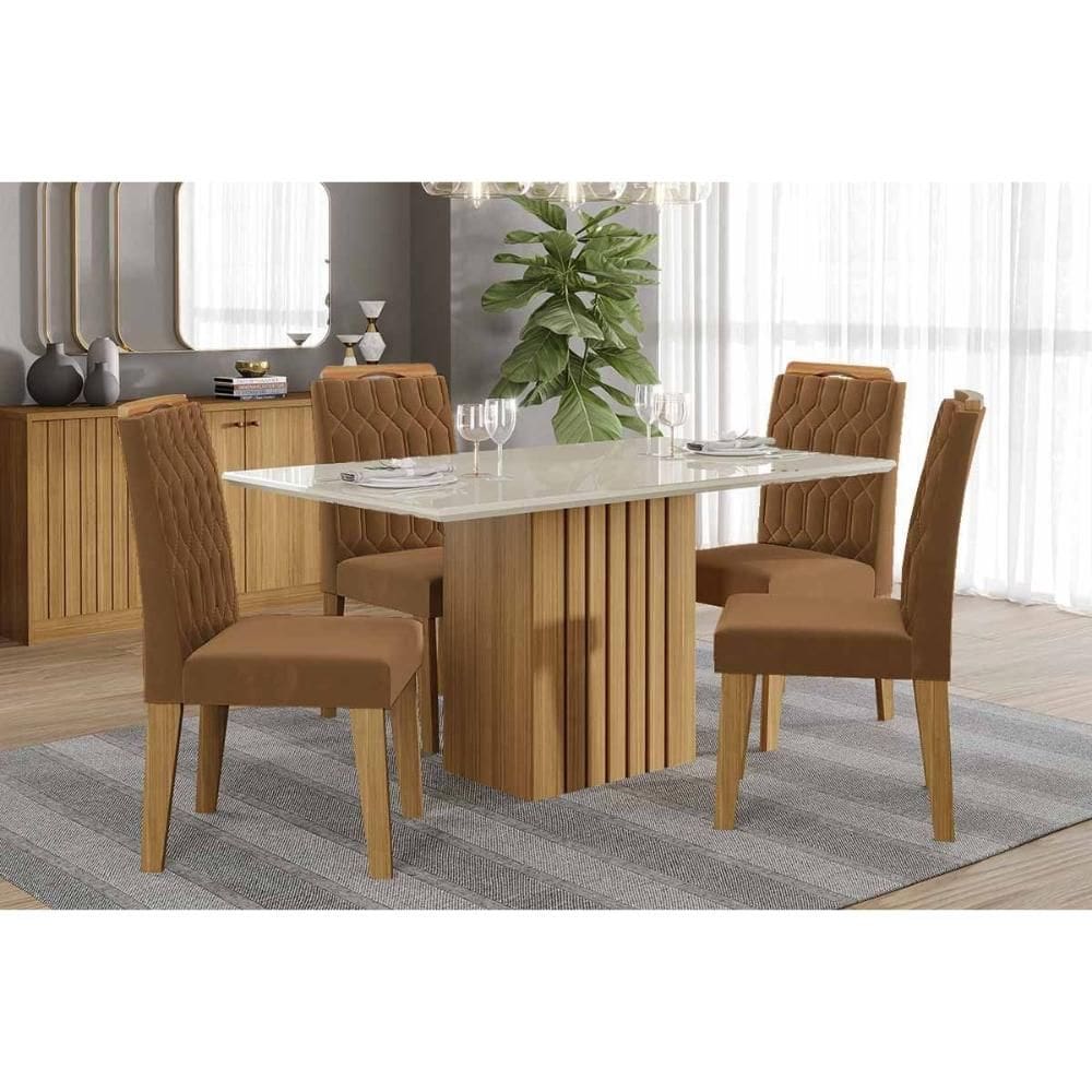 Sala de Jantar Completa Ana Tampo Madeirado c/ Vidro 130x80cm e 4 Cadeiras Paola Nature/Off White - Carvalho/Suede Nude Bege - Cimol