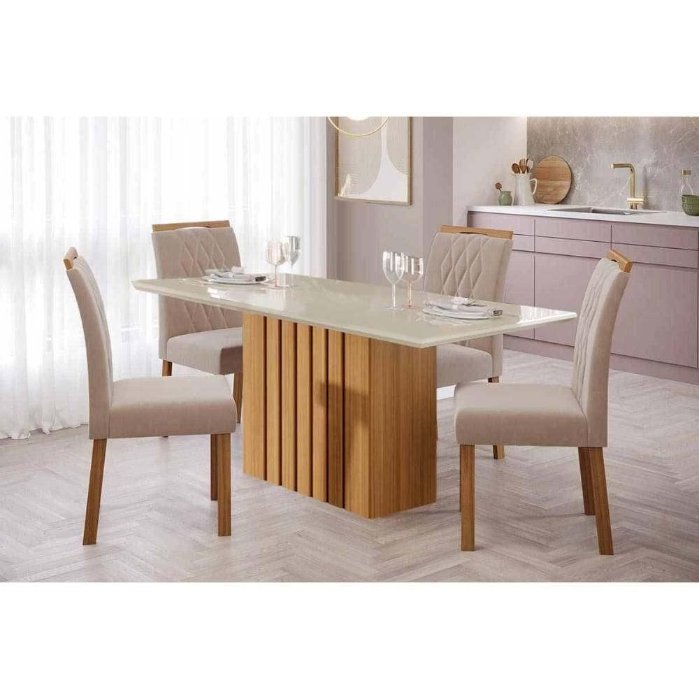 Sala de Jantar Completa Ana Tampo Madeirado c/ Vidro 130x80cm e 4 Cadeiras Juliana Nature/Off White - Carvalho/Linho Bege - Cimol