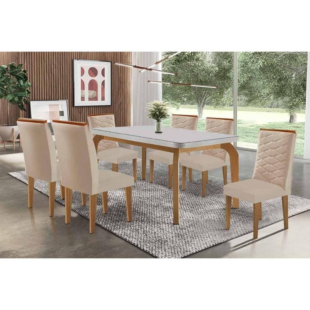 Sala de Jantar Completa Londrina c/ Tampo Madeirado c/ Vidro Canto Curvo 180x90cm e 6 Cadeiras Maldivas Naturale/Off White - Suede Creme - Rufato
