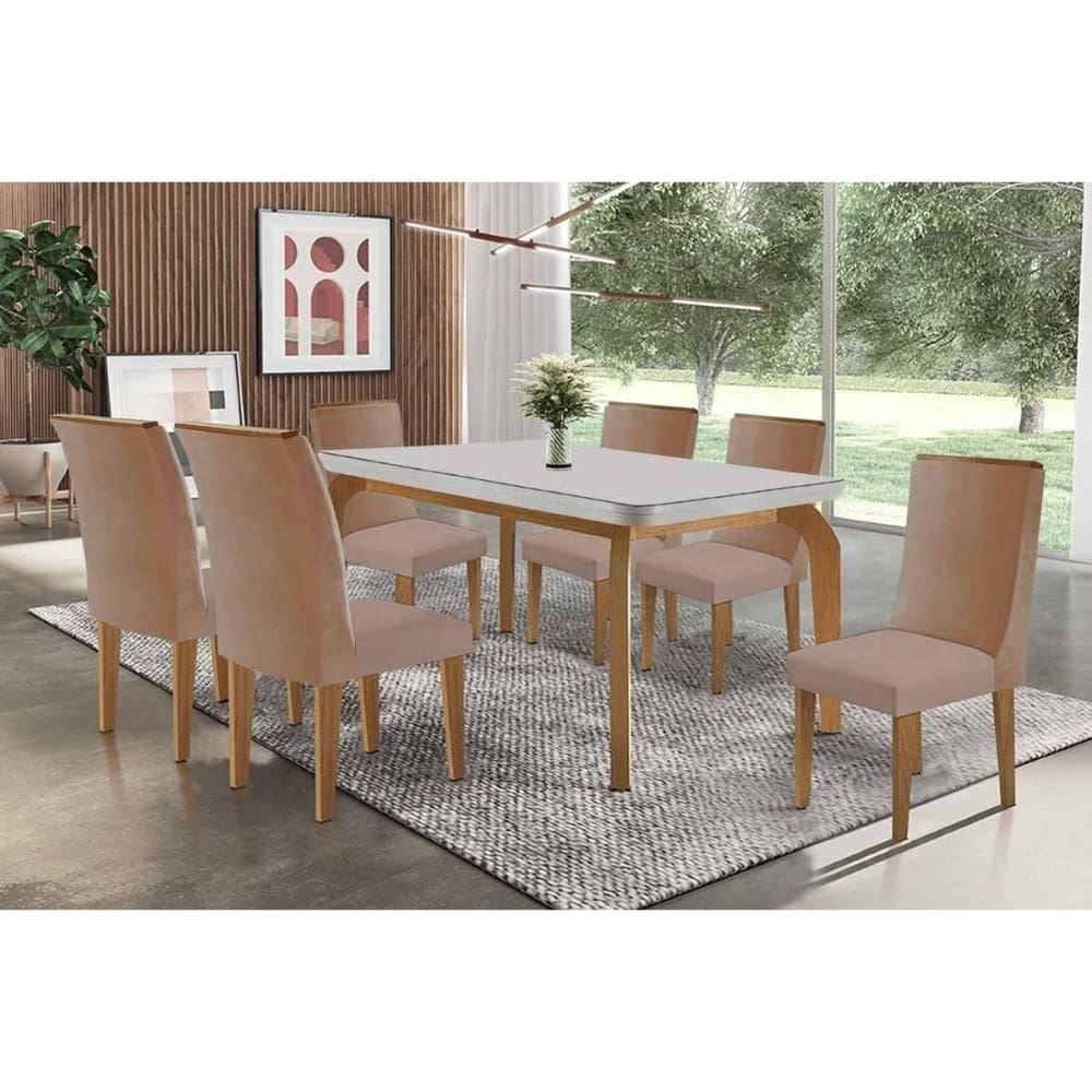 Sala de Jantar Completa Londrina c/ Tampo Madeirado c/ Vidro Canto Curvo 180x90cm e 6 Cadeiras Pietá Naturale/Off White - Linho Capuccino - Rufato