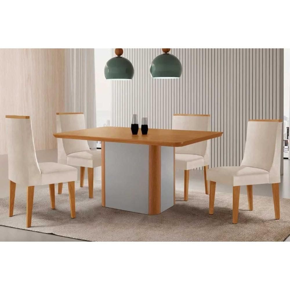 Sala de Jantar Completa Pietá c/ Tampo Madeirado Canto Curvo 120x80cm e 4 Cadeiras Dakota Naturale/Off White - Suede Creme - Rufato