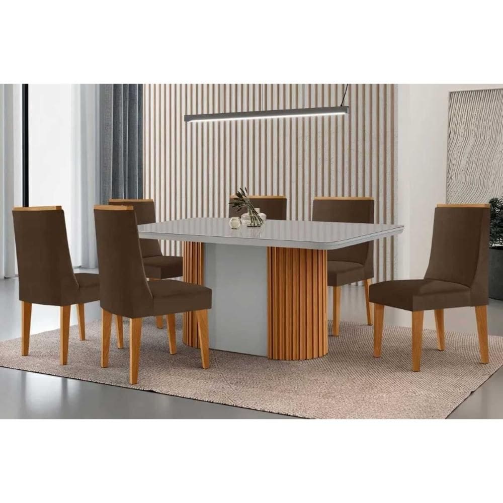 Conjunto Sala de Jantar Pilar c/ Tampo Madeirado c/ Vidro Canto Curvo 180x90cm e 6 Cadeiras Dakota Madeira Maciça Naturale/Off White - Capuccino/Suede