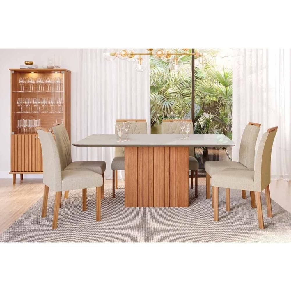 Sala de Jantar Completa Ana Tampo Madeirado c/ Vidro 180x90cm e 6 Cadeiras Juliana Nature/Off White - Carvalho/Suede Nude Bege - Cimol