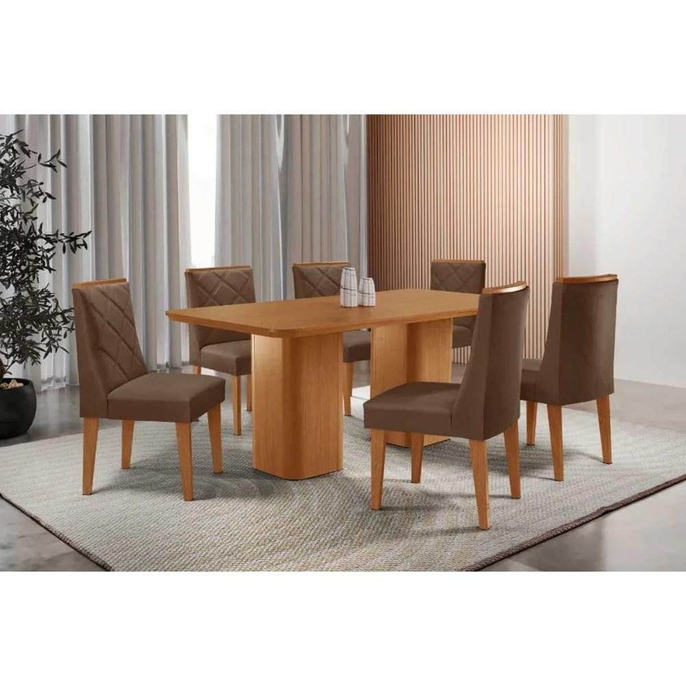 Sala de Jantar Completa Maldivas c/ Tampo Madeirado Canto Curvo 180x90cm e 6 Cadeiras Pietá Naturale - Suede Marrom - Rufato
