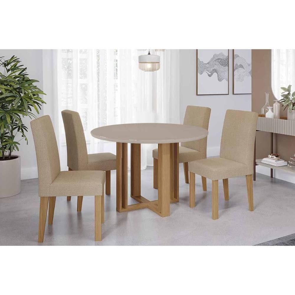 Sala de Jantar Completa Flora Tampo Madeirado c/ Vidro 109cm e 4 Cadeiras Maia Cinamomo/Off White - Nature/Suede Gengibre Bege - Cimol