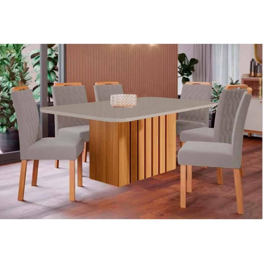 Sala de Jantar Completa Ana Tampo Madeirado c/ Vidro 180x90cm e 6 Cadeiras Juliana Cinamomo/Off White - Carvalho/Suede Joli Capuccino - Cimol