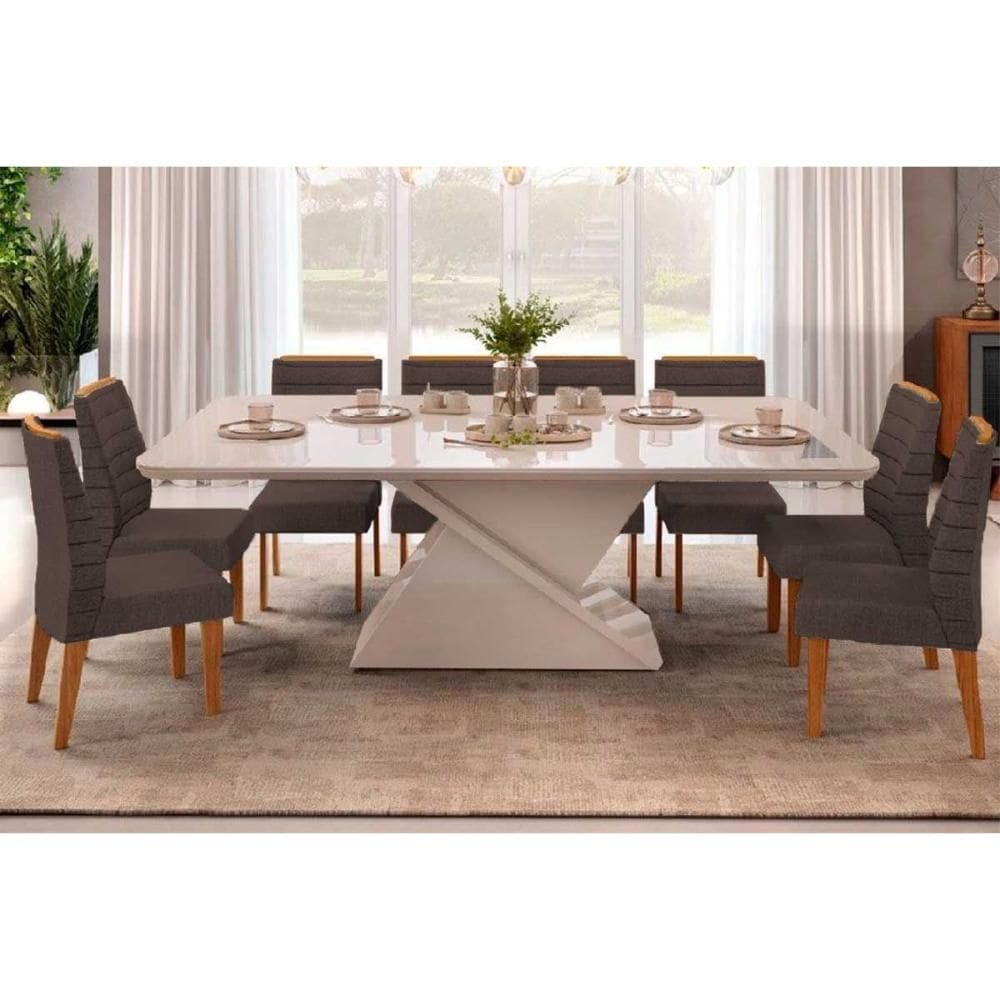 Sala de Jantar Completa Zafira Tampo Madeirado c/ Vidro Curvo 200x100cm e 8 Cadeiras Ondina Off White - Freijo/Suede Moca - DJ Móveis