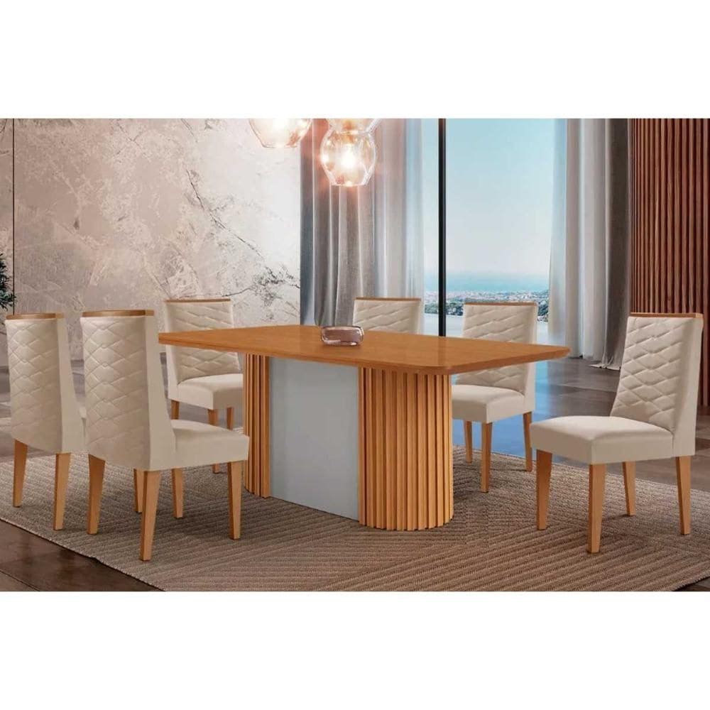 Sala de Jantar Completa Pilar c/ Tampo Madeirado Canto Curvo 180x90cm e 6 Cadeiras Dafne Naturale/Off White - Suede Creme - Rufato