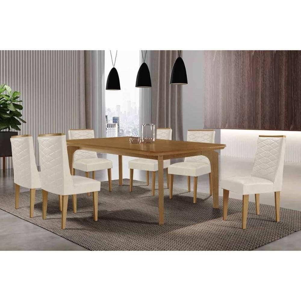 Sala de Jantar Completa Londrina c/ Tampo Madeirado Canto Curvo 180x90cm e 6 Cadeiras Dafne Naturale - Suede Creme - Rufato