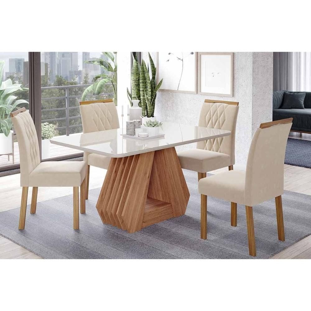 Sala de Jantar Completa Ágata Tampo Madeirado c/ Vidro 130x80cm e 4 Cadeiras Juliana Cinamomo/Off White - Carvalho/Linho Bege - Cimol