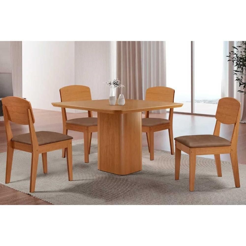 Sala de Jantar Completa Maldivas c/ Tampo Madeirado Canto Curvo 90x90cm e 4 Cadeiras Havana Naturale - Linho Capuccino - Rufato