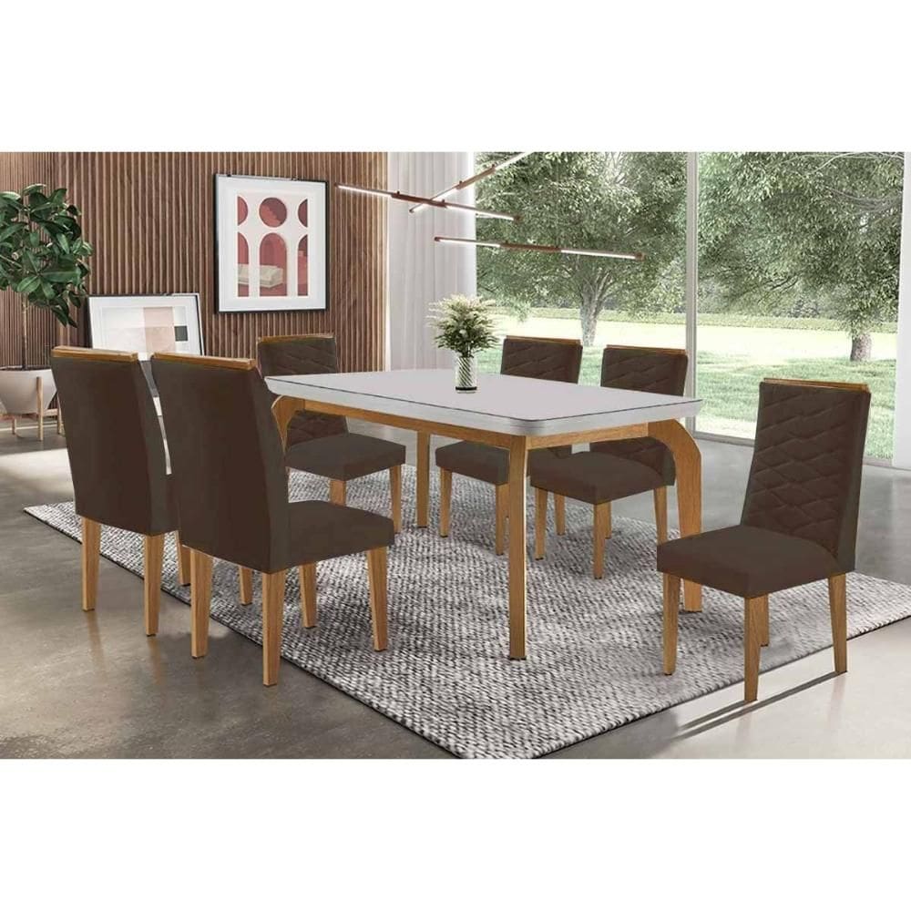 Sala de Jantar Completa Londrina c/ Tampo Madeirado c/ Vidro Canto Curvo 180x90cm e 6 Cadeiras Maldivas Naturale/Off White - Suede Marrom - Rufato