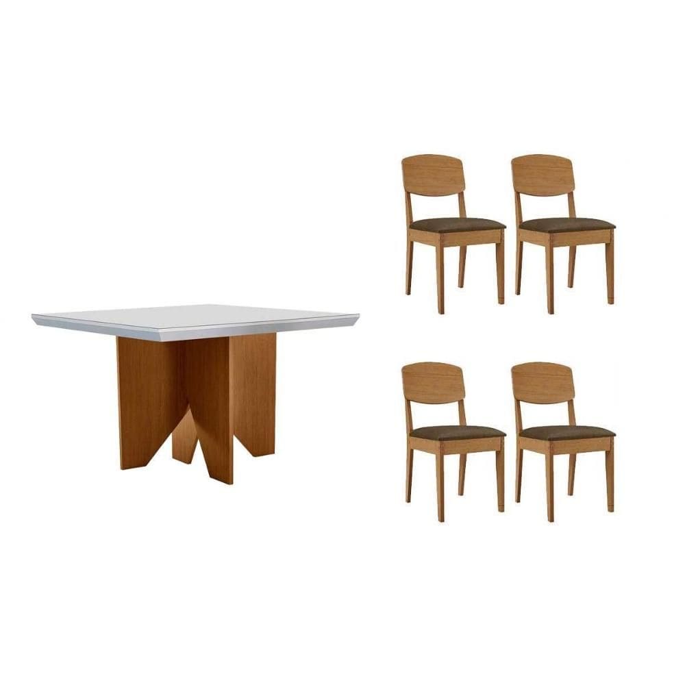 Sala de Jantar Completa Nevada c/ Tampo Madeirado c/ Vidro Canto Curvo 90x90cm e 4 Cadeiras Havana Naturale/Off White - Suede Marrom - Rufato