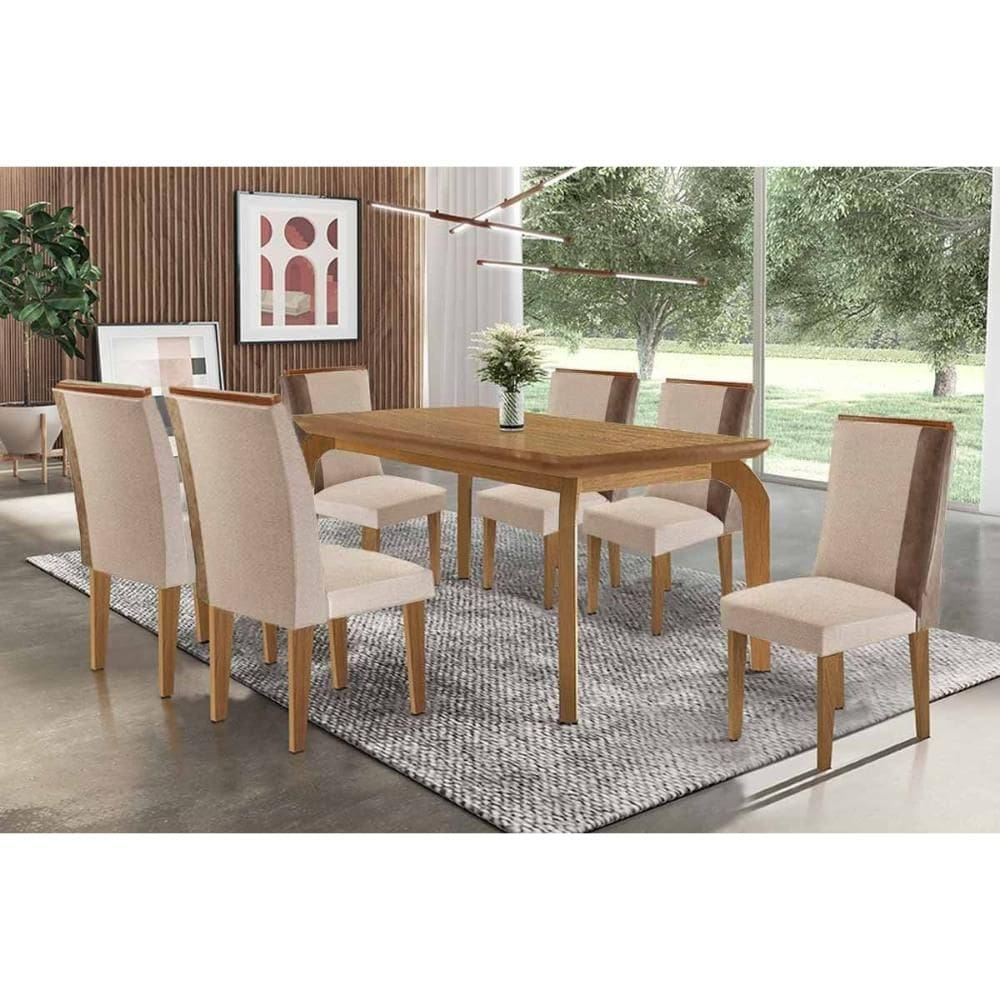 Sala de Jantar Completa Londrina c/ Tampo Madeirado Canto Curvo 180x90cm e 6 Cadeiras Tilia Naturale - Suede Creme - Rufato