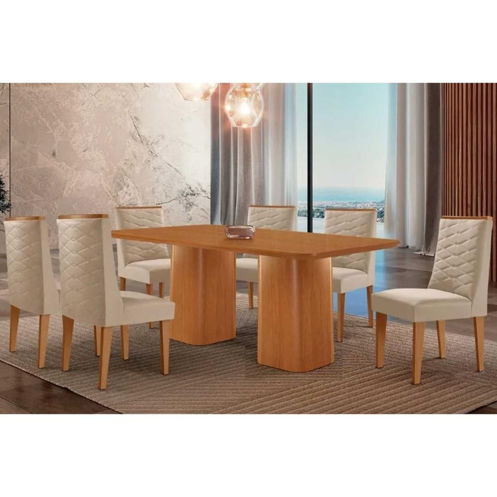 Sala de Jantar Completa Maldivas c/ Tampo Madeirado Canto Curvo 180x90cm e 6 Cadeiras Dafne Naturale - Suede Creme - Rufato