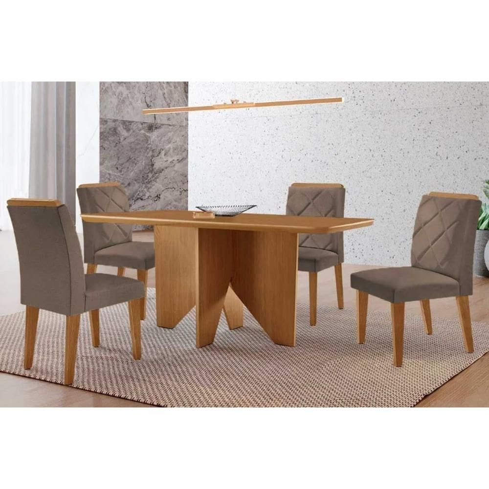 Sala de Jantar Completa Nevada c/ Tampo Madeirado Canto Curvo 120x80cm e 4 Cadeiras Pietá Naturale - Linho Capuccino - Rufato