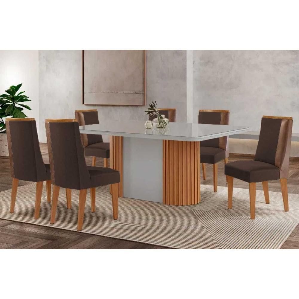 Conjunto Sala de Jantar Pilar c/ Tampo Madeirado c/ Vidro Canto Curvo 180x90cm e 6 Cadeiras Tilia Madeira Maciça Naturale/Off White - Capuccino/Suede
