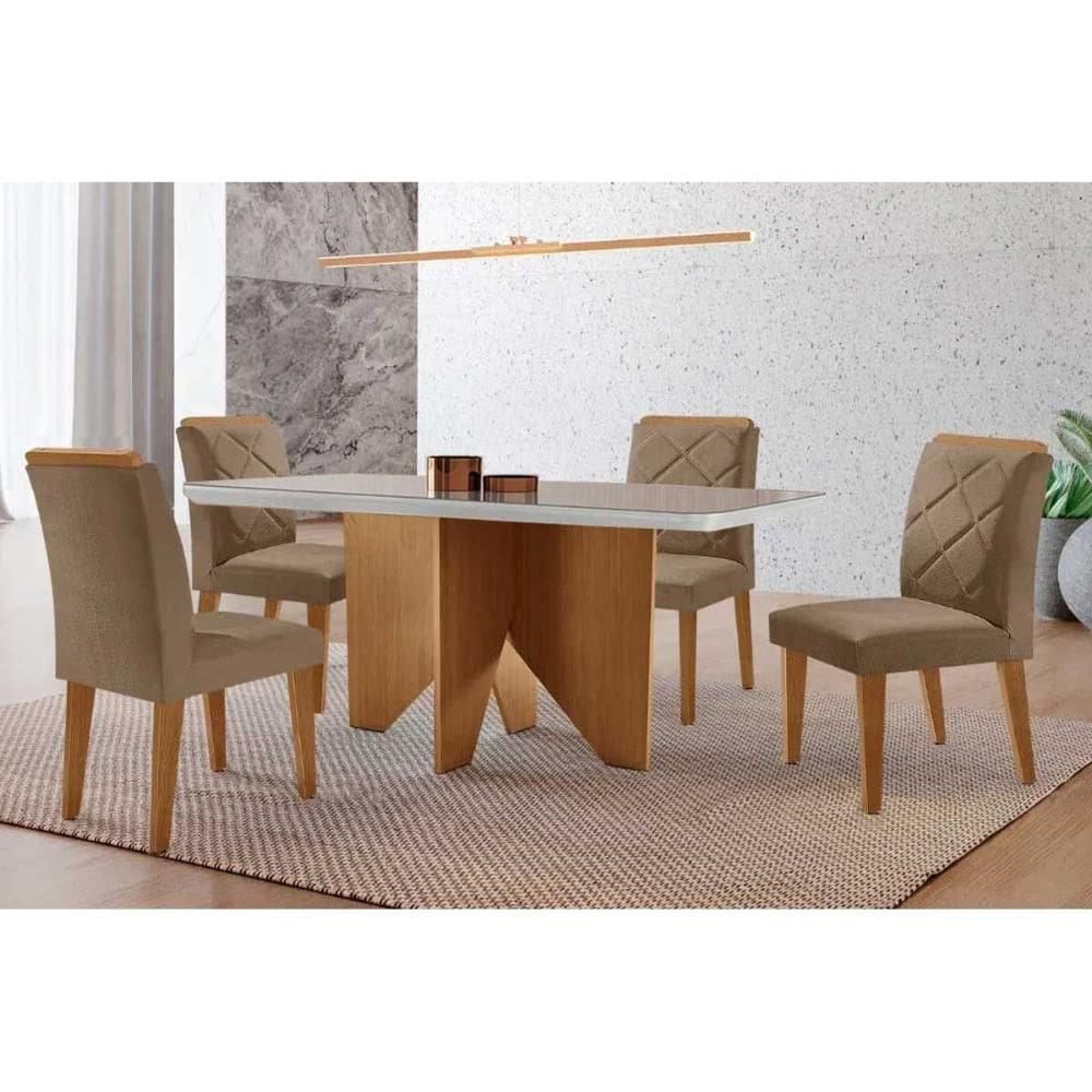 Sala de Jantar Completa Nevada c/ Tampo Madeirado c/ Vidro Canto Curvo 120x80cm e 4 Cadeiras Pietá Naturale/Off White - Suede Capuccino - Rufato