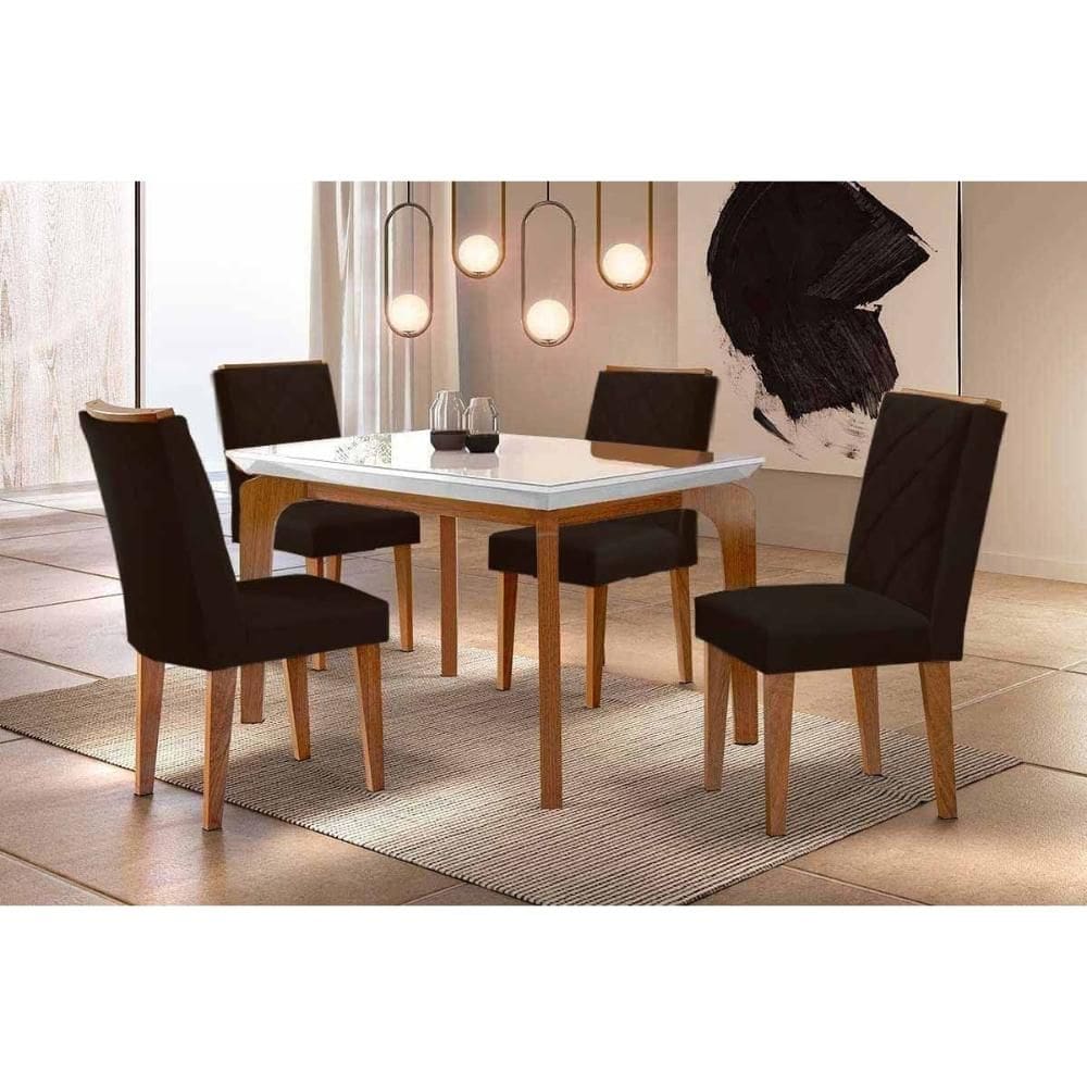 Sala de Jantar Completa Londrina c/ Tampo Madeirado c/ Vidro Canto Curvo 120x80cm 4 Cadeiras Pietá Naturale/Off White - Suede Marrom - Rufato