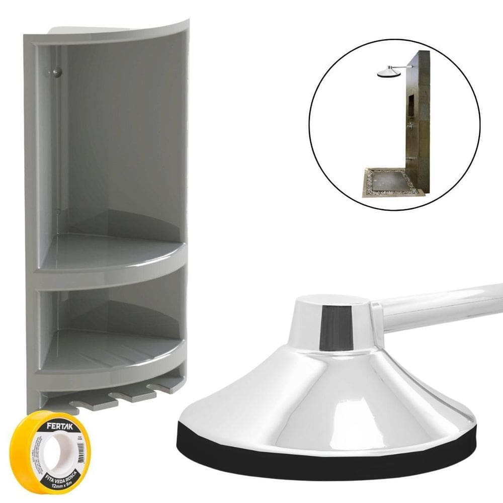 Chuveiro Ducha Fria 17Cm Cromado + Porta Shampoo Cinza