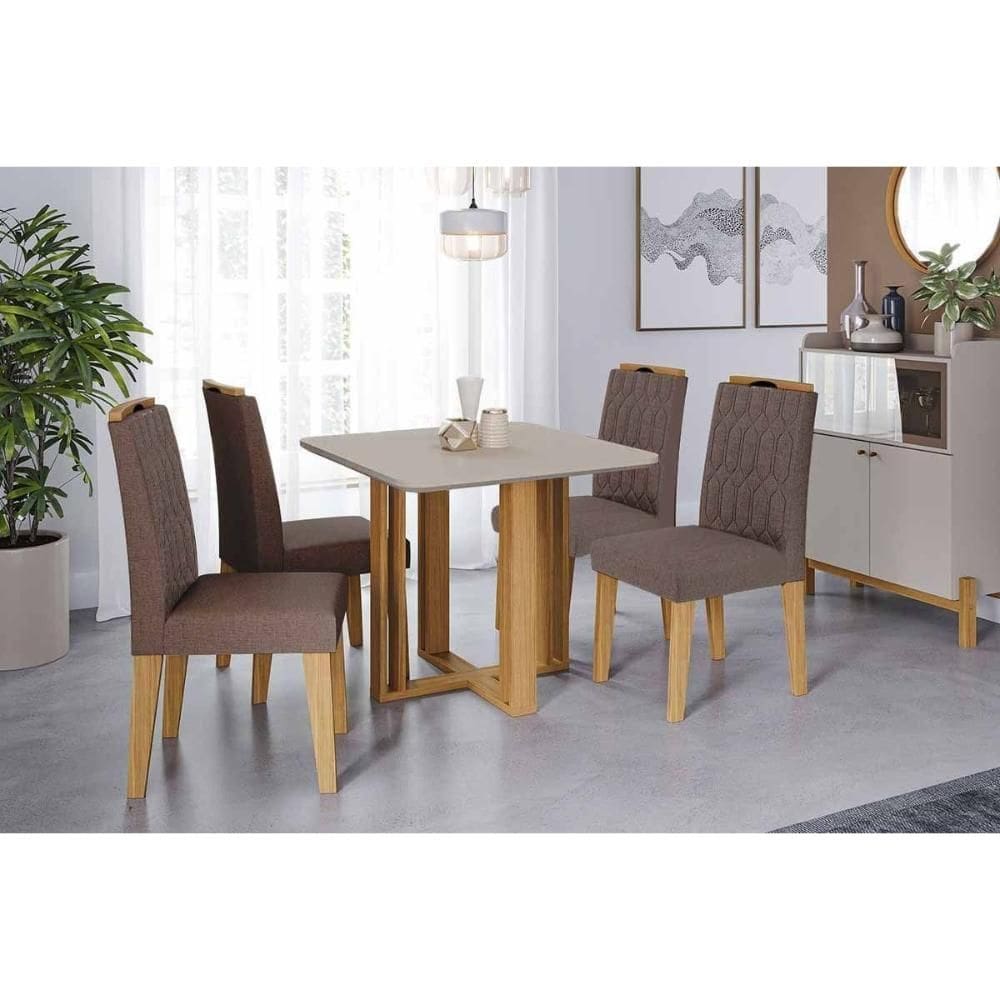 Sala de Jantar Completa Flora Tampo Madeirado c/ Vidro 95x95cm e 4 Cadeiras Paola Cinamomo/Off White - Carvalho/Suede Joli Capuccino - Cimol