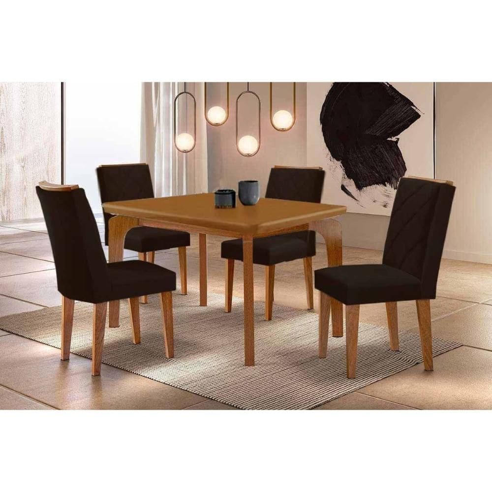 Sala de Jantar Completa Londrina c/ Tampo Madeirado Canto Curvo 120x80cm e 4 Cadeiras Pietá Naturale - Suede Marrom - Rufato