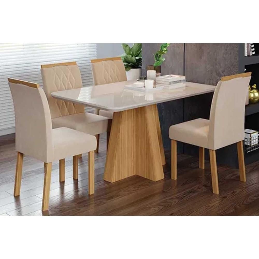 Sala de Jantar Completa Maitê Tampo Madeirado c/ Vidro 130x80cm e 4 Cadeiras Juliana Nature/Off White - Carvalho/Suede Nude Bege - Cimol