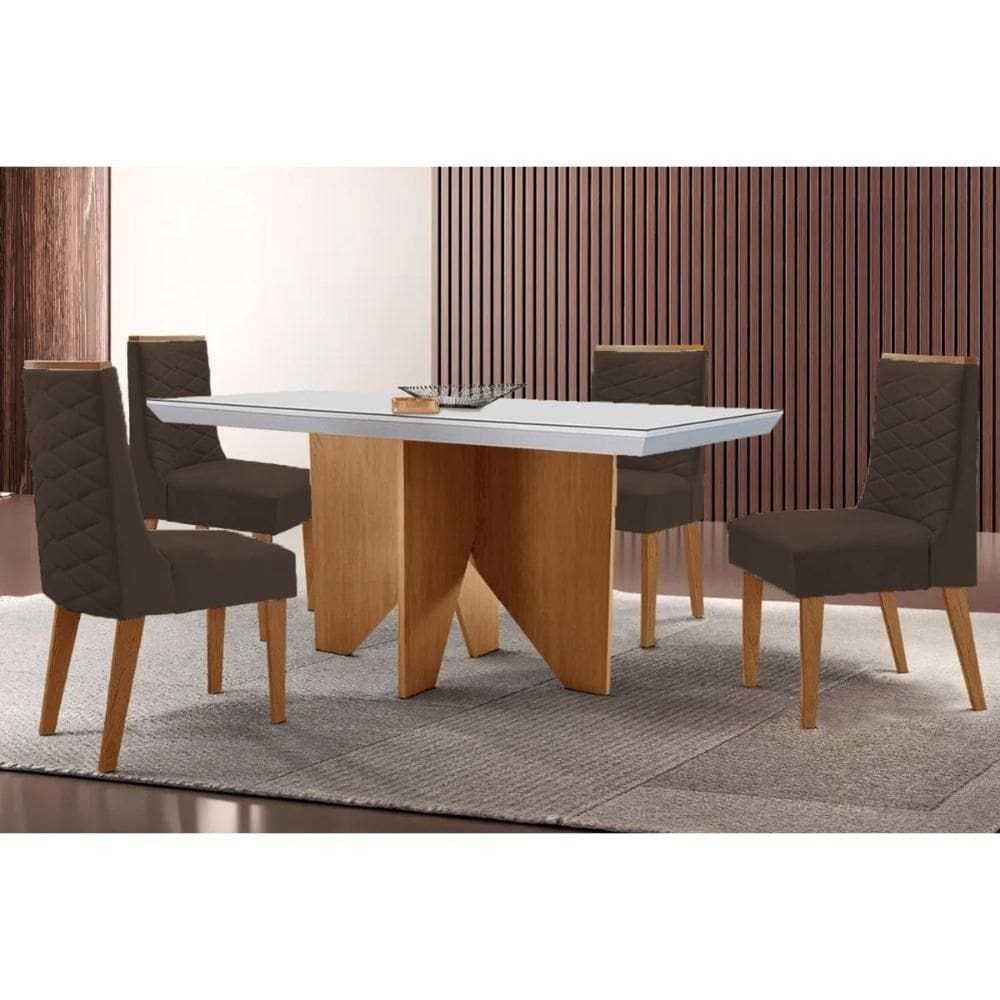 Sala de Jantar Completa Nevada c/ Tampo Madeirado c/ Vidro Canto Curvo 120x80cm e 4 Cadeiras Dafne Naturale/Off White - Suede Marrom - Rufato