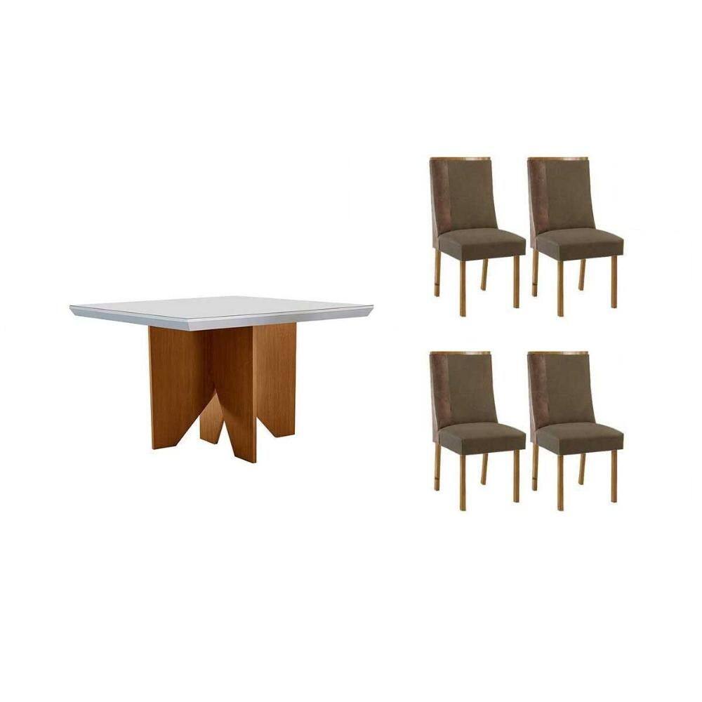 Sala de Jantar Completa Nevada c/ Tampo Madeirado c/ Vidro Canto Curvo 90x90cm e 4 Cadeiras Tilia Naturale/Off White - Suede Capuccino - Rufato