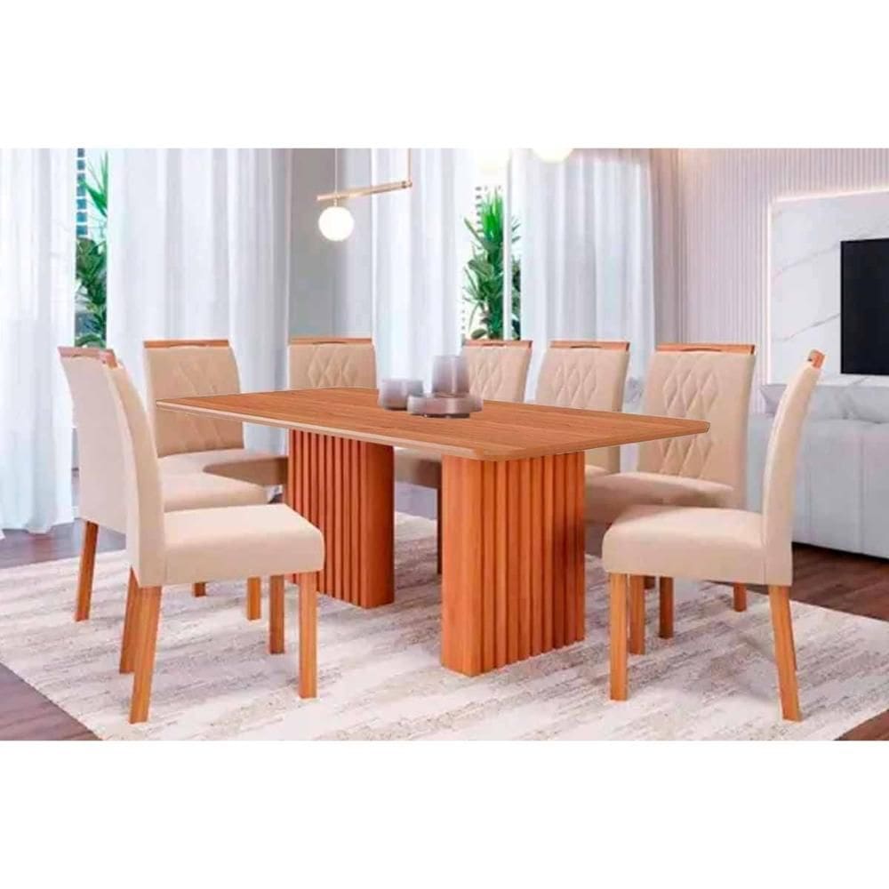 Sala de Jantar Completa Ester Tampo Madeirado 210x100cm e 8 Cadeiras Juliana Cinamomo - Carvalho/Suede Nude Bege - Cimol